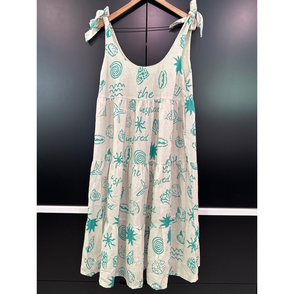 Umgee Ocean Print‎ Tiered Tie Shoulder Midi Dress Green S5099 Small NWT